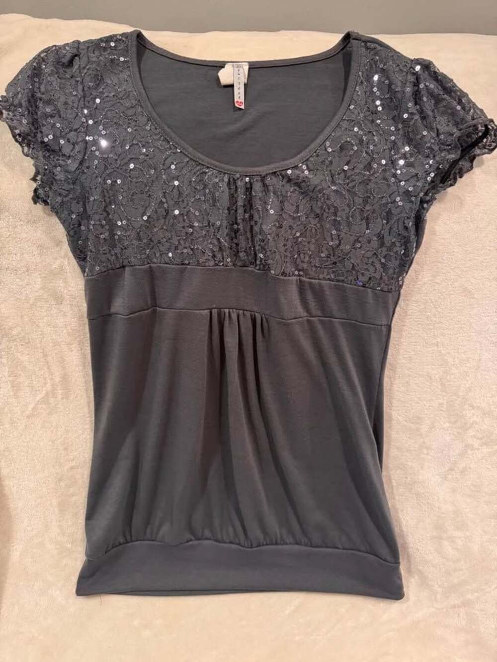 Womens Discreet Charcoal Grey Sequin Lace Top Size L